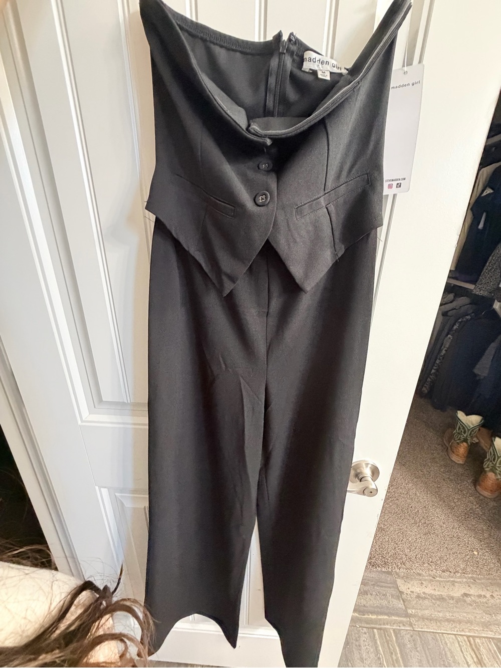 Madden Girl Black Strapless Button-Waist Jumpsuit